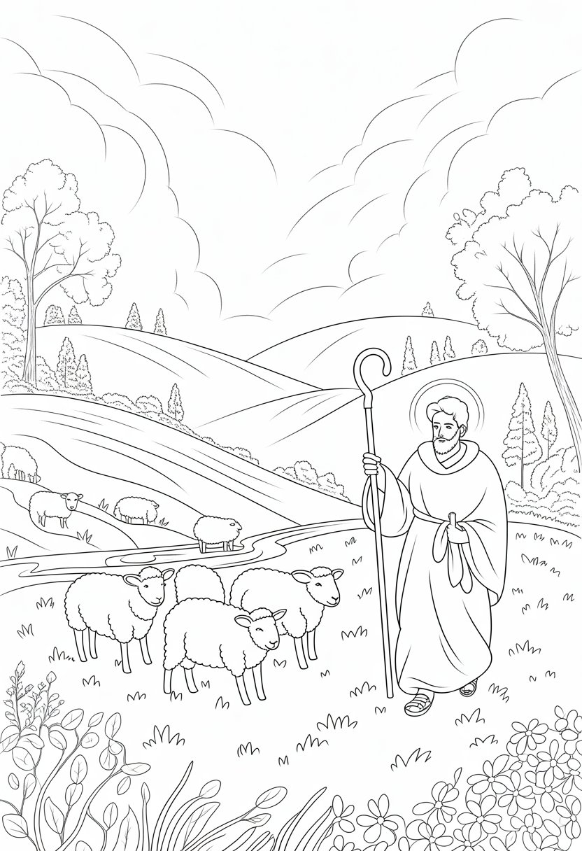 Christian Coloring Pages for Kids: 20 Inspirational Designs to Inspire Faith 40 A shepherd walking with sheep in a peaceful meadow with hills, trees, and a stream.